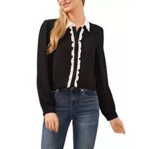 🧡3/15 Cece Long Sleeve Collar Ruffle Button Front Blouse Women's M